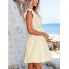 imageCUPSHE Womens Mini Dress V Neck Flutter Sleeve Striped Smocked Waist A Line Short Summer Cocktail DressBeige Striped