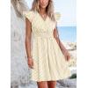 imageCUPSHE Womens Mini Dress V Neck Flutter Sleeve Striped Smocked Waist A Line Short Summer Cocktail DressBeige Striped
