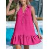 imageCUPSHE Womens Mini Dresses Button V Neck Ruffled Sleeveless A Line Casual Summer Cover Up DressHot Pink