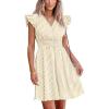 imageCUPSHE Womens Mini Dress V Neck Flutter Sleeve Striped Smocked Waist A Line Short Summer Cocktail DressBeige Striped