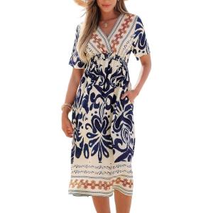 imageCUPSHE Summer Womens Summer Dresses V Neck Short Sleeve Vacation Casual Smocked Beach Midi Wedding Guest DressBlue Paisley