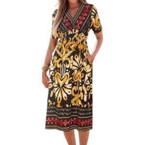 imageCUPSHE Summer Womens Summer Dresses V Neck Short Sleeve Vacation Casual Smocked Beach Midi Wedding Guest DressOrange Paisley