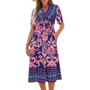 imageCUPSHE Summer Womens Summer Dresses V Neck Short Sleeve Vacation Casual Smocked Beach Midi Wedding Guest DressPink Paisley