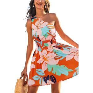 imageCUPSHE Womens Floral Summer Dresses Casual Beach Sundress Vacation One Shoulder Sleeveless Short Mini DressTropical