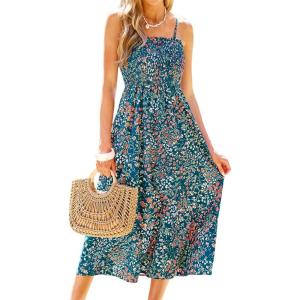 imageCUPSHE Womens Maxi Dress Ditsy Floral Smocked Summer Sundress Sleeveless Ruffled Spaghetti Straps Long Beach Formal DressNavy Ditsy