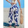 imageCUPSHE Women Pants Smocked Pockets Waist Wide Leg Ruffle Loose Fit Pant Casual BeachBlue Leaf