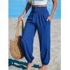imageCUPSHE Women Pants Smocked Pockets Waist Wide Leg Ruffle Loose Fit Pant Casual BeachNavy