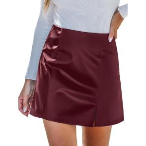 imageCUPSHE Skirts Women Faux Leather Mini Skirt Slit High Waist Bodycon Skort Wrap Notched Hem Casual VacationWine Red