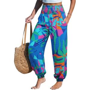 imageCUPSHE Women Pants Smocked Pockets Waist Wide Leg Ruffle Loose Fit Pant Casual BeachBlue Floral