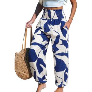 imageCUPSHE Women Pants Smocked Pockets Waist Wide Leg Ruffle Loose Fit Pant Casual BeachBlue Leaf