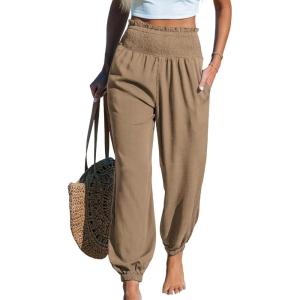 imageCUPSHE Women Pants Smocked Pockets Waist Wide Leg Ruffle Loose Fit Pant Casual BeachBrown