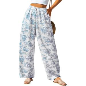imageCUPSHE Women Pants Tropical Floral Wide Leg Pants Straight Leg Fit Casual DressyBlue Floral