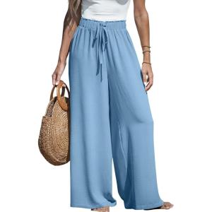 imageCUPSHE Women Wide Leg Pants High Waisted Trousers Linen Palazzo Lounge Beach Cover Ups Flowy PantsBlue Light