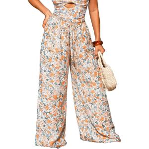 imageCUPSHE Women Wide Leg Pants High Waisted Trousers Linen Palazzo Lounge Beach Cover Ups Flowy PantsFloral Orange