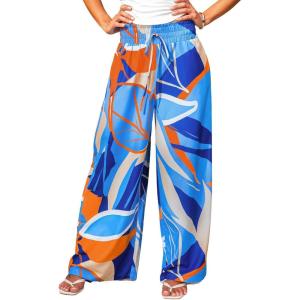 imageCUPSHE Womens Wide Leg Pants Elastic High Waisted Beach Trousers Cotton Linen Summer PalazzoAbstract Blue