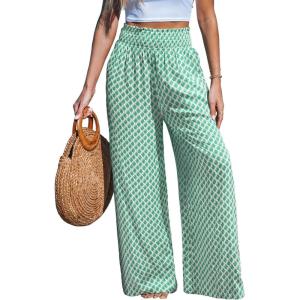 imageCUPSHE Womens Wide Leg Pants Elastic High Waisted Beach Trousers Cotton Linen Summer PalazzoCheckered Green