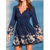 imageCUPSHE Women Fall Dresses Plunging V Neck Lace Trim Puff Long Sleeve Elastic Smocked Mini DressNavy