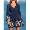 imageCUPSHE Women Fall Dresses Plunging V Neck Lace Trim Puff Long Sleeve Elastic Smocked Mini DressNavy