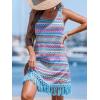 imageCUPSHE Women Fringe Trim Summer Dress Scoop Neck Sleeveless Multicolor Stripe Casual Sundress Beach Holiday Mini DressBlue Striped