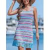imageCUPSHE Women Fringe Trim Summer Dress Scoop Neck Sleeveless Multicolor Stripe Casual Sundress Beach Holiday Mini DressBlue Striped
