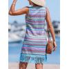 imageCUPSHE Women Fringe Trim Summer Dress Scoop Neck Sleeveless Multicolor Stripe Casual Sundress Beach Holiday Mini DressBlue Striped