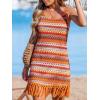 imageCUPSHE Women Fringe Trim Summer Dress Scoop Neck Sleeveless Multicolor Stripe Casual Sundress Beach Holiday Mini DressOrange Striped