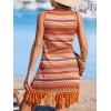 imageCUPSHE Women Fringe Trim Summer Dress Scoop Neck Sleeveless Multicolor Stripe Casual Sundress Beach Holiday Mini DressOrange Striped
