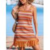 imageCUPSHE Women Fringe Trim Summer Dress Scoop Neck Sleeveless Multicolor Stripe Casual Sundress Beach Holiday Mini DressOrange Striped