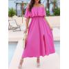 imageCUPSHE Women Ruffle Floral Maxi Summer Dress Off Shoulder Short Sleeve Backless Flounce Bodice Slit Hem Beach DressesSolid Fuchsia