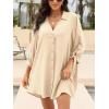 imageCUPSHE Women Shirt Mini Summer Dress Cover Ups 34 Sleeve Cuff Tie Button Down Holiday Sundress Beach Cover Up DressBeige
