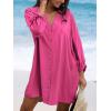 imageCUPSHE Women Shirt Mini Summer Dress Cover Ups 34 Sleeve Cuff Tie Button Down Holiday Sundress Beach Cover Up DressFuchsia