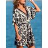 imageCUPSHE Women Summer Dresses Floral Plunging V Neck Short Sleeve Elastic Waist Beach Vacation Mini DressBlack