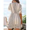 imageCUPSHE Women Tassel Trim Summer Dress V Neck Lace Short Sleeve Paisley Boho Casual Sundress Holiday Beach Mini DressBlack Geometric