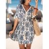 imageCUPSHE Women Tassel Trim Summer Dress V Neck Lace Short Sleeve Paisley Boho Casual Sundress Holiday Beach Mini DressBlue