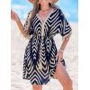 imageCUPSHE Women Tassel Trim Summer Dress V Neck Lace Short Sleeve Paisley Boho Casual Sundress Holiday Beach Mini DressNavy Blue Chevron