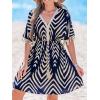 imageCUPSHE Women Tassel Trim Summer Dress V Neck Lace Short Sleeve Paisley Boho Casual Sundress Holiday Beach Mini DressNavy Blue Chevron