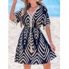 imageCUPSHE Women Tassel Trim Summer Dress V Neck Lace Short Sleeve Paisley Boho Casual Sundress Holiday Beach Mini DressNavy Blue Chevron