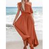 imageCUPSHE Womens Maxi Dresses Casual Summer Sundress Sleeveless Smocked One Shoulder Ruffled Long Beach Formal DressBrown