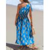 imageCUPSHE Womens One Shoulder Floral Printed Sleeveless Smocked Waist Maxi Dress Summer Boho Long DressBlue