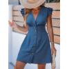 imageCUPSHE Womens Striped Summer Dresses V Neck Casual Mini Dress Flutter Sleeve Ruffle Button SundressesSolid Blue
