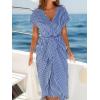 imageCUPSHE Womens V Neck Wrap Dress Twisted Slit Pleated Waist Tie Short Sleeve Summer Midi DressesNavy Blue Stripe