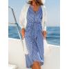 imageCUPSHE Womens V Neck Wrap Dress Twisted Slit Pleated Waist Tie Short Sleeve Summer Midi DressesNavy Blue Stripe