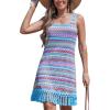 imageCUPSHE Women Fringe Trim Summer Dress Scoop Neck Sleeveless Multicolor Stripe Casual Sundress Beach Holiday Mini DressBlue Striped