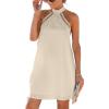 imageCUPSHE Women Lace Trim Summer Dress Halter High Neck with Tie Backless A Line Lining Casual Sundress Holiday Mini DressBeige