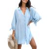 imageCUPSHE Women Shirt Mini Summer Dress Cover Ups 34 Sleeve Cuff Tie Button Down Holiday Sundress Beach Cover Up DressLight Blue