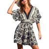 imageCUPSHE Women Summer Dresses Floral Plunging V Neck Short Sleeve Elastic Waist Beach Vacation Mini DressBlack
