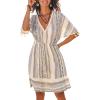 imageCUPSHE Women Tassel Trim Summer Dress V Neck Lace Short Sleeve Paisley Boho Casual Sundress Holiday Beach Mini DressBlack Geometric