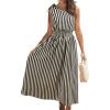 imageCUPSHE Womens One Shoulder Floral Printed Sleeveless Smocked Waist Maxi Dress Summer Boho Long DressBlack Stripe