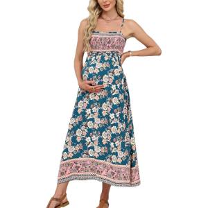 imageCUPSHE Maternity Maxi Dresses Floral Square Neck Smocked Baby Shower Ruffled Flowy Fashion Casual Summer Pregnancy DressTeal Floral