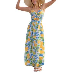 imageCUPSHE Summer Dress for Women V Neck Sleeveless Floral Cutout Smocked Ruffled Maxi Formal Beach DressYellow Printed